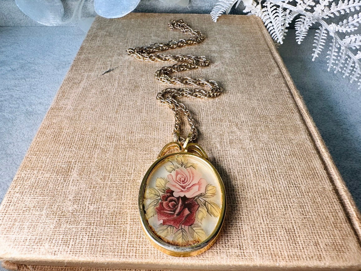 Victorian Pendant Necklace, Vintage Floral Cameo Necklace, Whimsical Cottagecore Long Gold Tone Chain with Romantic Glass Flower Pendant