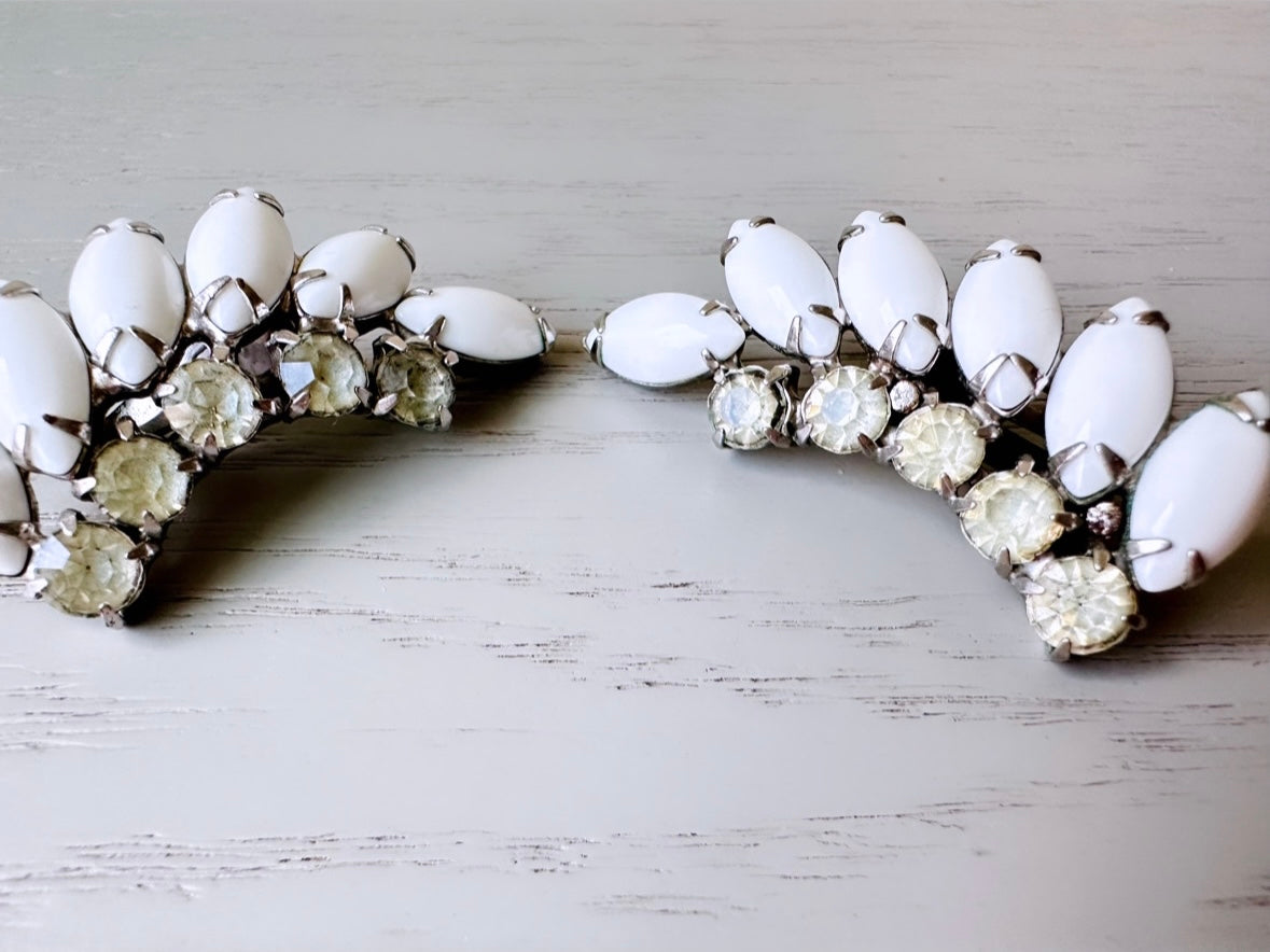 Vintage Milk Glass Earrings, 1960s Dramatic Rhinestone Clip-on Earring, Prong Set Vintage Crawler Earrings, Stunning Elegant Bridal Earrings