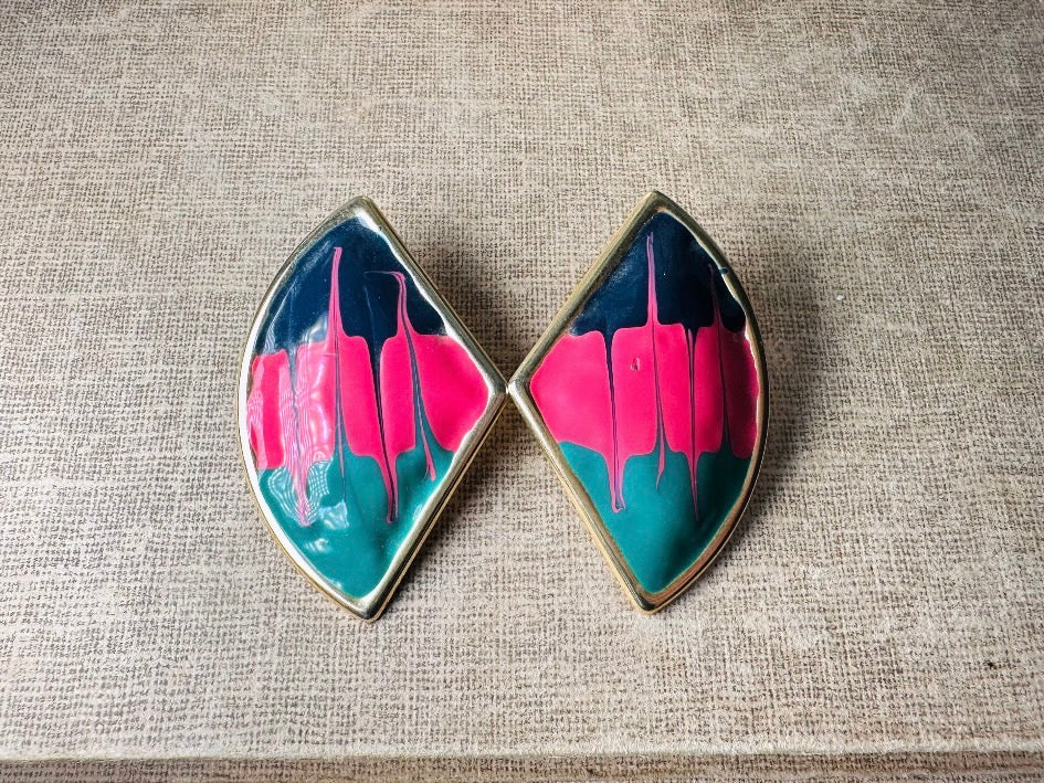 1980s Painted Abstract Earrings, Pink Teal Black and Gold Unique Colorful Paint Splatter Earrings, 80s Drip Enamel Pierced Statement Earring