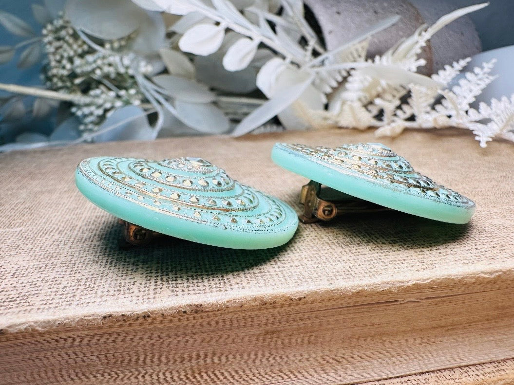 Vintage Mint Glass Earrings, Incredibly Unique Gold Spiral Disc Clip Ons, Seafoam Green Oversized Art Deco Vintage Statement Earrings