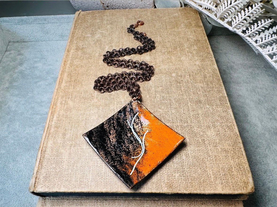 Vintage Pendant Necklace, Copper Artisan Necklace with Orange Black and White Enamel, 18" Chain Funky Abstract Retro Necklace