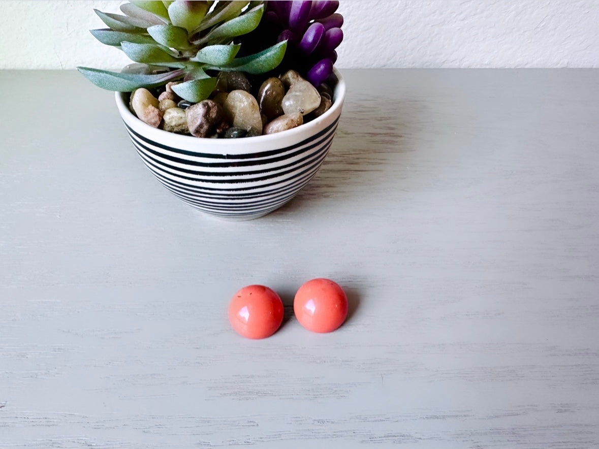 Coral Orange Vintage 1970's Stud Earrings, Round Geometric Opaque Enamel Earrings, Vintage Pierced Post Earrings, Pop of Color