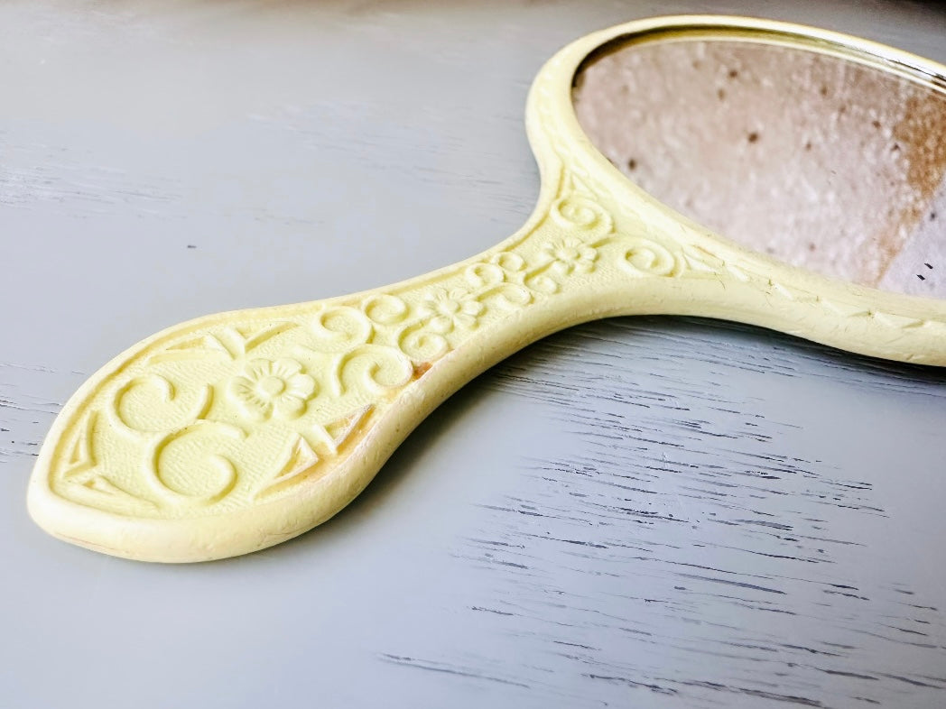 Vintage 60s Yellow Hand Mirror, Embossed Flower Pastel Yellow Vintage 1960’s Cute Mirror, Vtg 60s Girl's Handheld Makeup Mirror