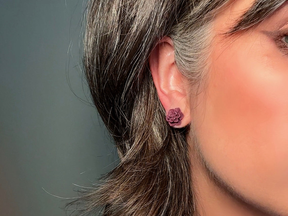 Wine Flower Earrings, Matte Succulent Earrings, 13mm Hypoallergenic Post Earrings, Boho Floral For Everyday Wear Earrings