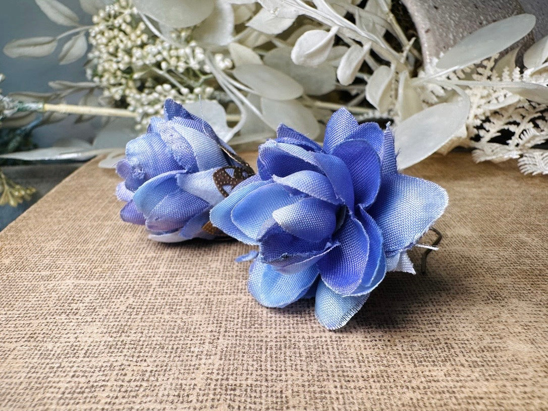 Faerie Flower Earrings in Periwinkle, Handmade Whimsical Organza Flower Earrings, Purple Blue Floral Earrings w Crystals and Hammered Bronze