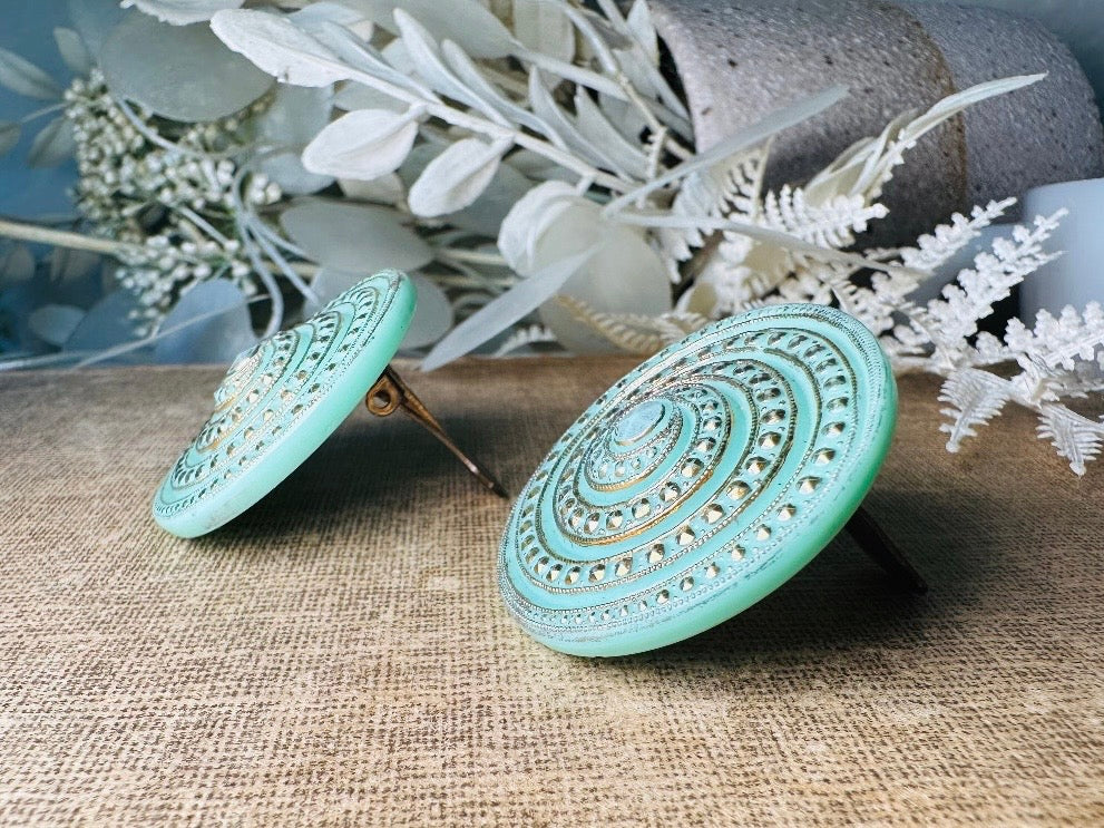 Vintage Mint Glass Earrings, Incredibly Unique Gold Spiral Disc Clip Ons, Seafoam Green Oversized Art Deco Vintage Statement Earrings