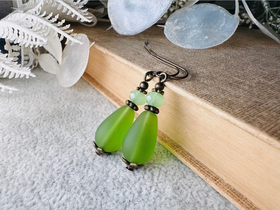 Green Sea Glass Earrings, Handmade Elegant Grass Green Teardrop Earrings with Mint Green Jade Crystals