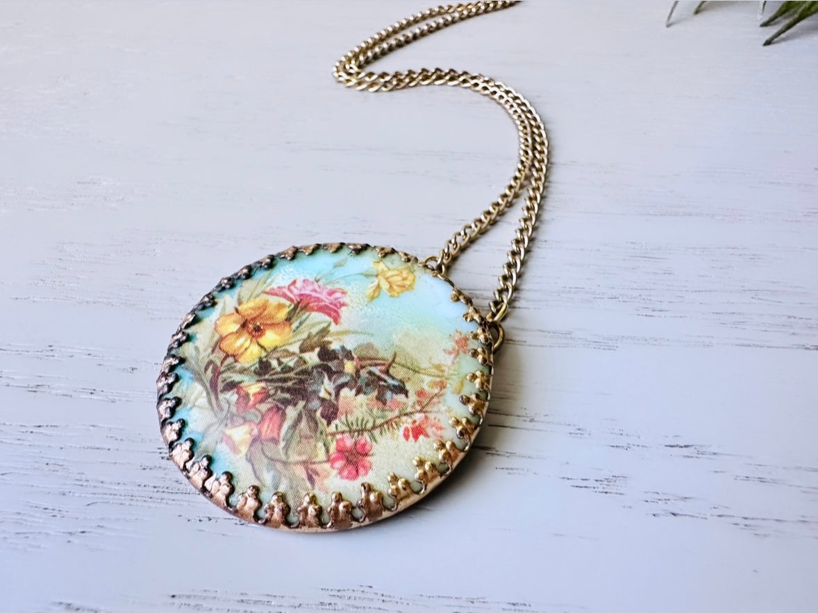 1940’s Floral Bouquet Cameo Brass Filigree Necklace, West German Flower Cameo, Darling Whimsical Pendant Necklace Blues Pink Yellows Gold