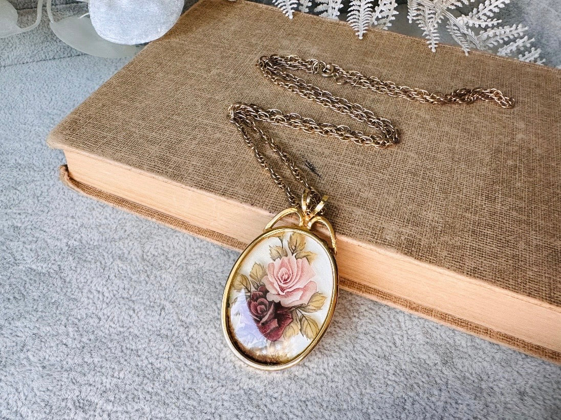 Victorian Pendant Necklace, Vintage Floral Cameo Necklace, Whimsical Cottagecore Long Gold Tone Chain with Romantic Glass Flower Pendant