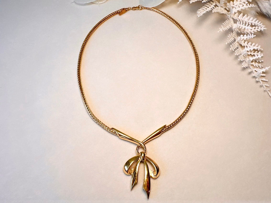 Gold Bow Necklace, Monet Vintage Gold Ribbon Pendant Necklace, Minimalist Wheat Chain Elegant Gold Knot Necklace
