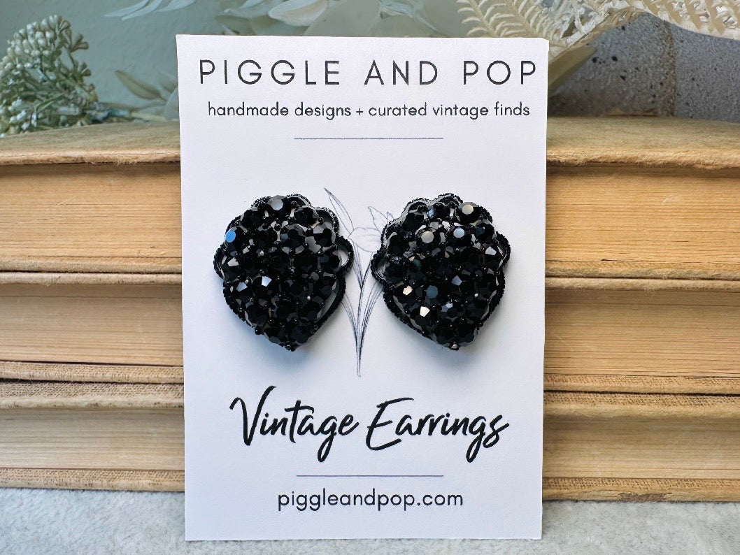 All Black 1960's Sparkling Earrings, 60s Signed Designer Weiss Vintage Teardrop Clip On Black Rhinestone on Black Enamel Earrings