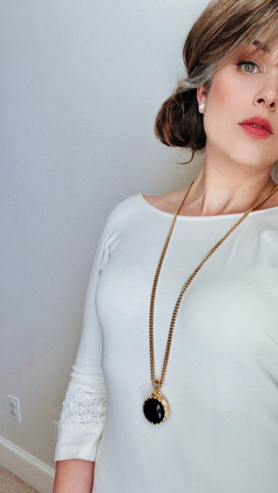 Black Locket Necklace, LCI Gold Locket Ball Rare Jet Black Sphere Pendant Necklace, Long Chain Vintage Liz Claiborne Faux Onyx Locket Pendant