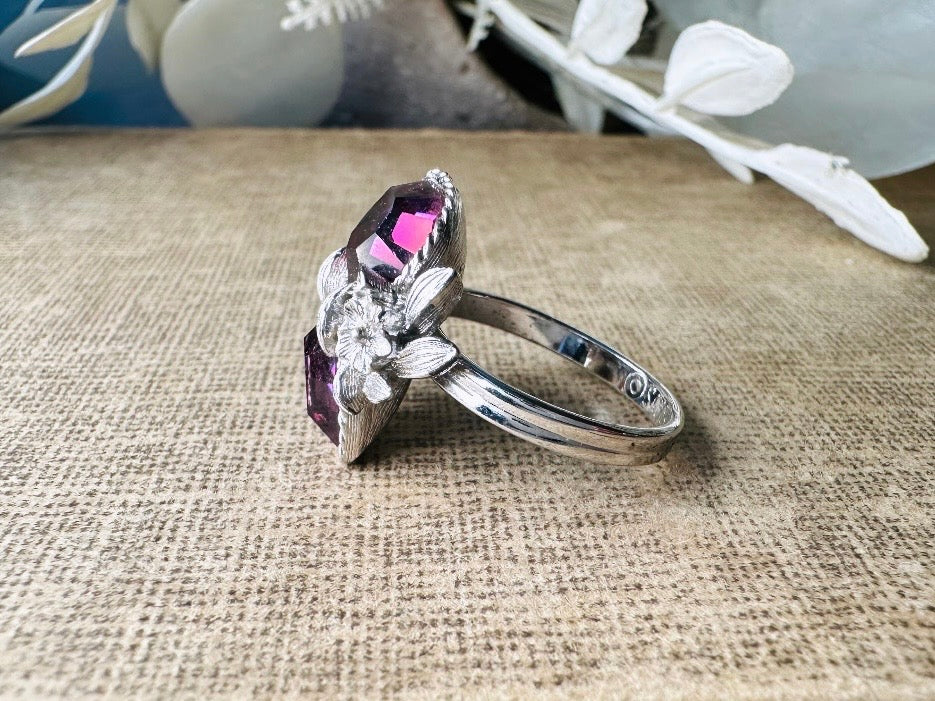 Vintage Heart Cocktail Ring, February Birthstone Purple Heart Ring, 1973 Amethyst and Silver Flowers Double Heart Love Story Sarah Coventry