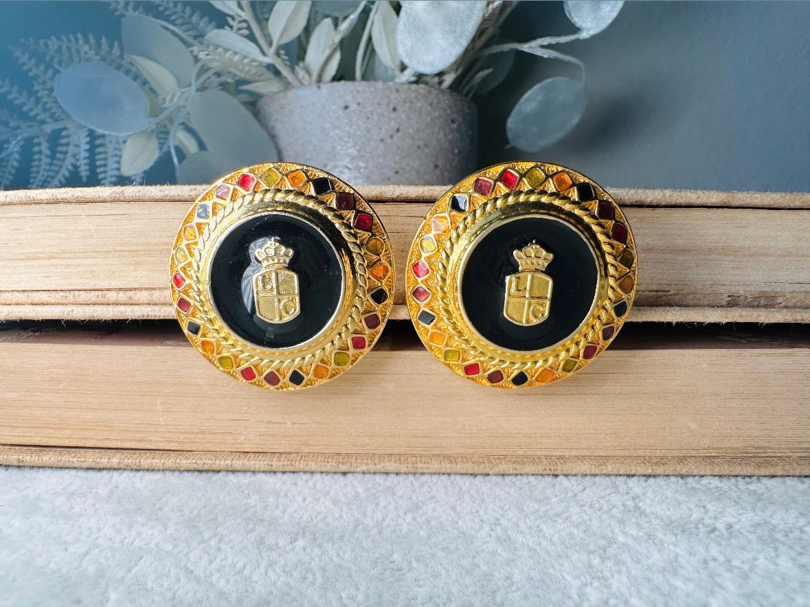 Etruscan Gold Vintage Liz Claiborne Clip On Earrings with Jeweltone Border, 1980s Classic Gold Earrings, Oversized Black Medallion Crest Non-Pierced