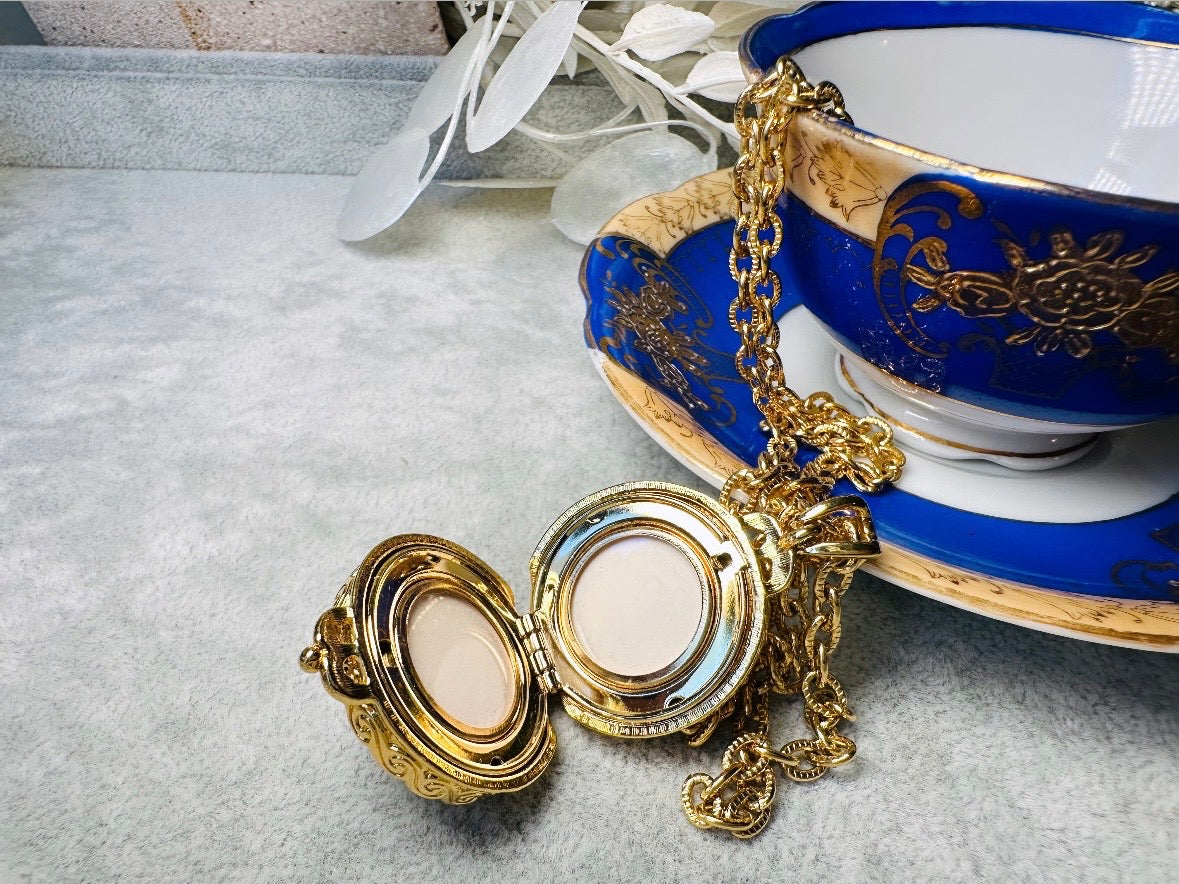 Pearl Locket Necklace, LCI Gold Locket Pearl Sphere Pendant Necklace, Long Gold Chain Vintage Liz Claiborne Pearl Locket Pendant