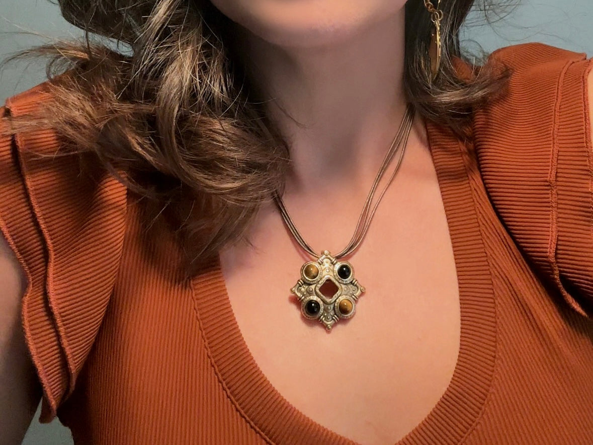Vintage Pendant Necklace, Tigers Eye and Onyx Gemstone Pendant Necklace by Premier Designs, Etruscan Necklace with Gold Detachable Pendant