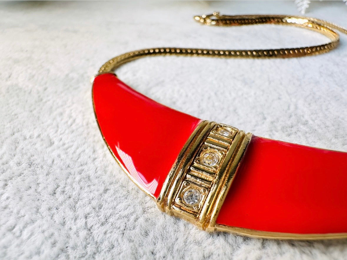Red Vintage Necklace, Stunning Gold Collar Necklace with Bright Red Enamel Crescent Bar Pendant, 80s Etruscan Necklace w Rhinestone Details