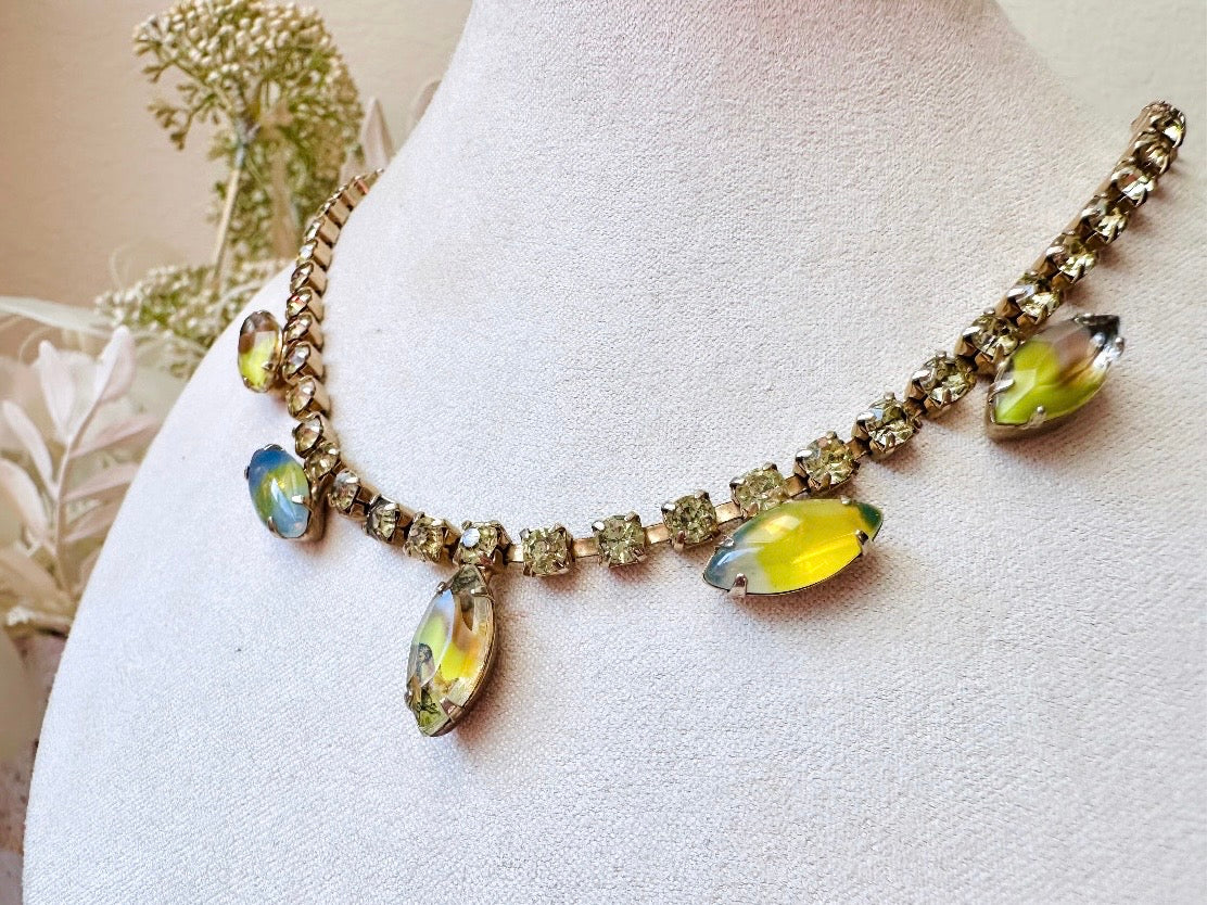 Vintage Tennis Necklace, Gorgeous Green Faux Opal 15" Crystal Choker Necklace with Prong Set Green Rhinestones and Colorburst Marquise Glass Stones