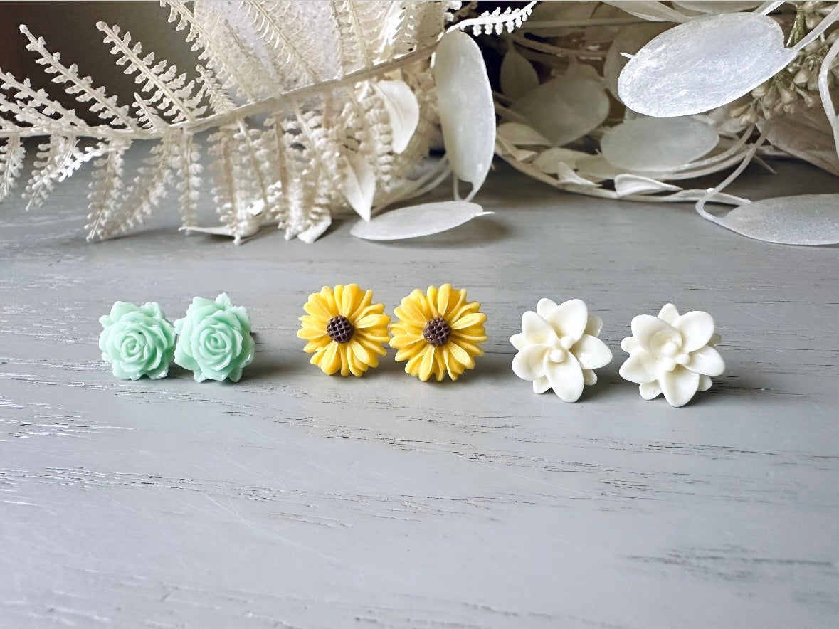 Spring Flower Earrings Gift Set, Yellow Gerber Daisy, Cream Lotus, Mint Rose, Cute Country Floral Hypoallergenic Surgical Steel Stud Earring