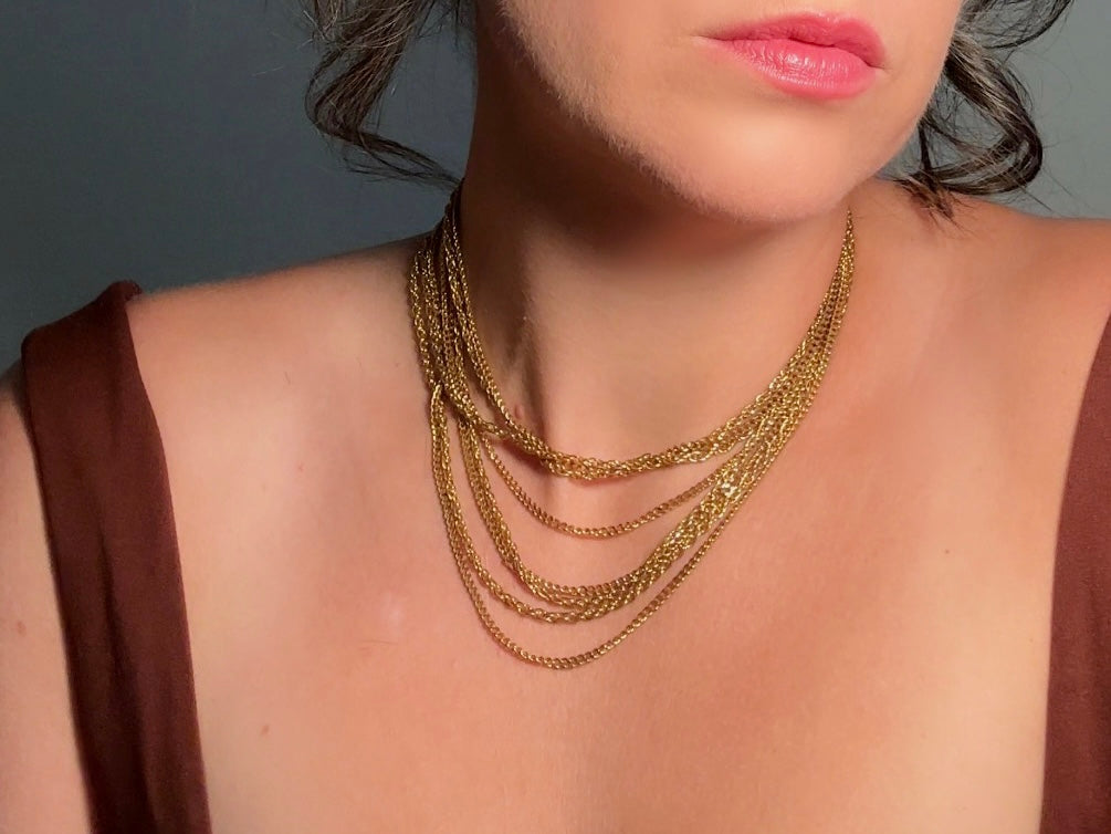 Vintage Gold Chain Multistrand Necklace, Gorgeous 8 Strand Fine Gold Chain Layered Necklace with Beautiful Butterfly Clasp
