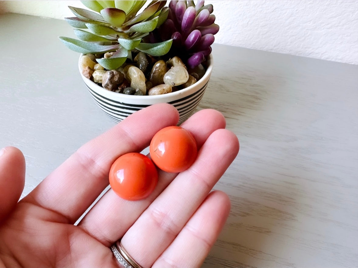Coral Orange Vintage 1970's Stud Earrings, Round Geometric Opaque Enamel Earrings, Vintage Pierced Post Earrings, Pop of Color