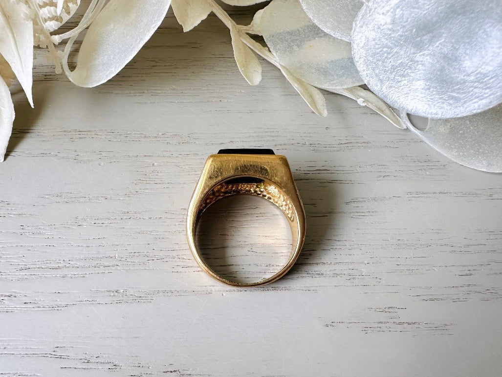 Onyx Signet Ring in Gold, Vintage 1940s Men's Cocktail Ring