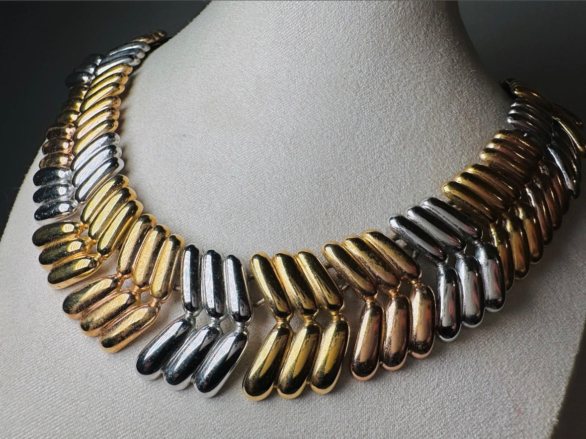 Vintage Monet Collar Necklace, Striking Tritone Cleopatra Choker in Gold, Silver + Copper, Chunky Herringbone Articulated Statement Necklace