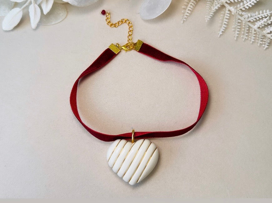 Cream and Gold Vintage Striped Puffy Heart Pendant on Cranberry Red Velvet Choker