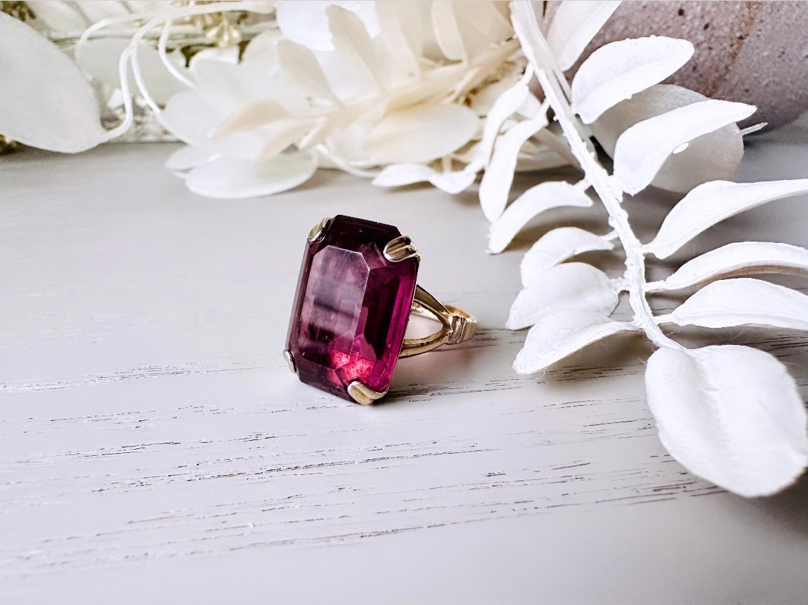 Vintage 70s Ring, Large Solitaire Simulated Amethyst Rectangle Emerald Cut 1978 Smoky Lustre February Birthstone Cocktail Ring Size 5.5