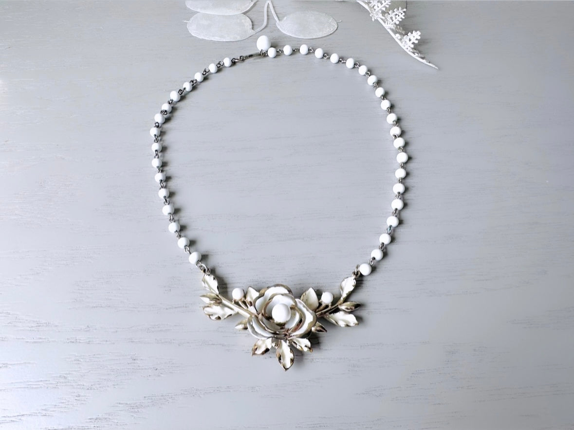 1950s White Flower Vintage Coro Necklace, Cream Enamel White Beads Gold Tone Floral Necklace 15" Flower Choker, Whimsical Bridal Necklace