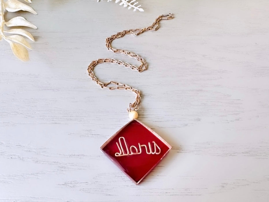 Doris Vintage Necklace, Clear + Red Lucite Diamond Shape Pendant Necklace, Personalized Doris Name Wire Work Faux Pearl, Gold Tone Chain