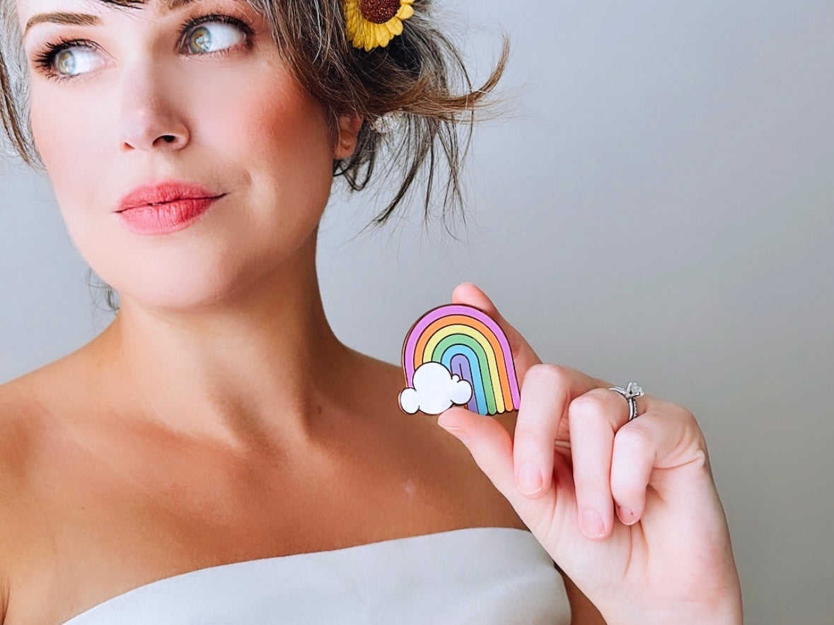 Vintage Rainbow Pin, Pastel Rainbow with Cloud 1970s Big Bud Vintage Brooch, Love is Love, Friendship Pride, Double Lapel Pin