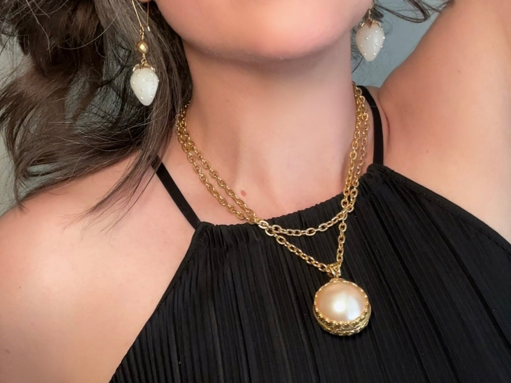 Pearl Locket Necklace, LCI Gold Locket Pearl Sphere Pendant Necklace, Long Gold Chain Vintage Liz Claiborne Pearl Locket Pendant