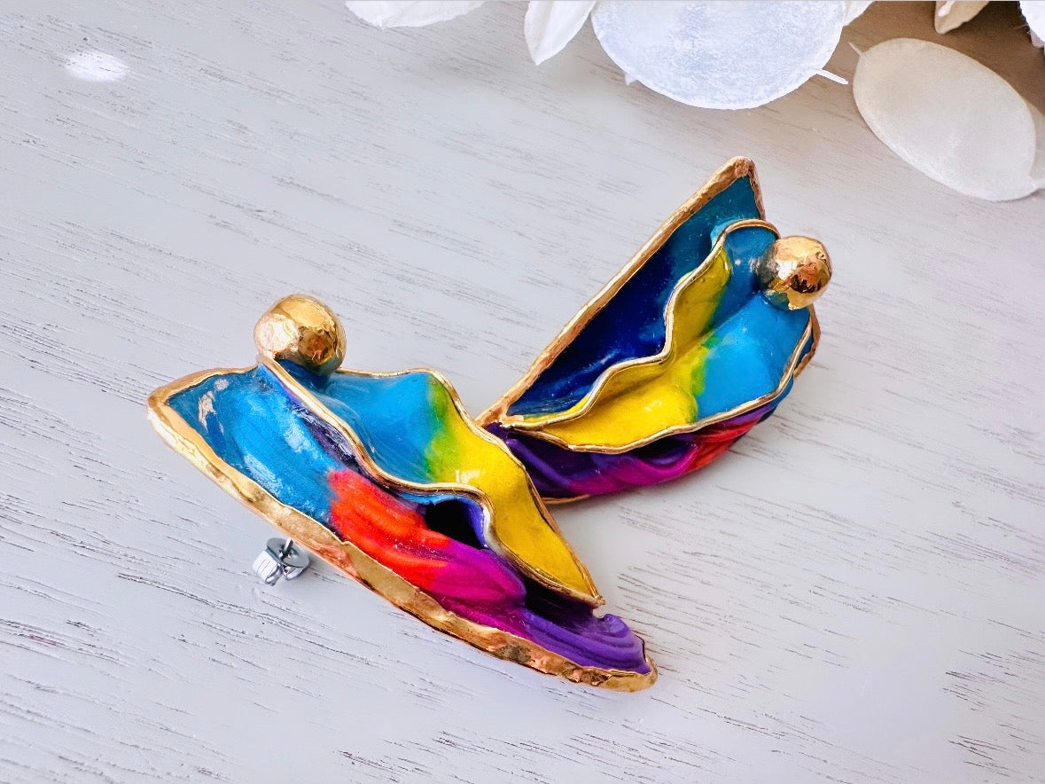 Colorful Designer Amy Lacombe Statement Earrings, Rainbow Hand Sculpted 24K Gold RARE 1980s Collectible Avant Garde Wearable Art Earrings