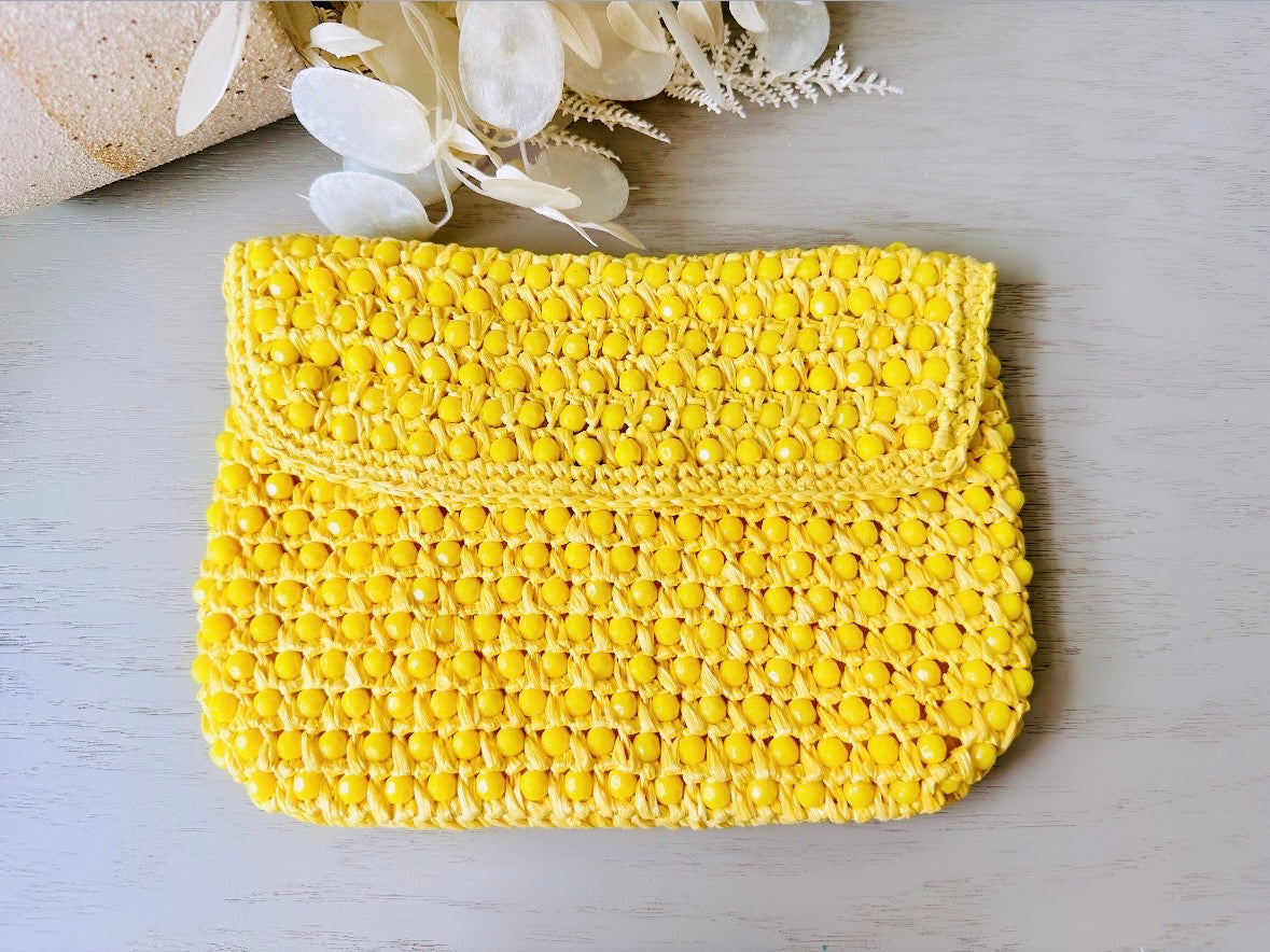 Vintage Yellow Handbag Adorable Lemon Yellow 60s Clutch Medium Canary Yellow Beaded Straw Fold Over Clutch 1960s Cool Mod Summer Fashion