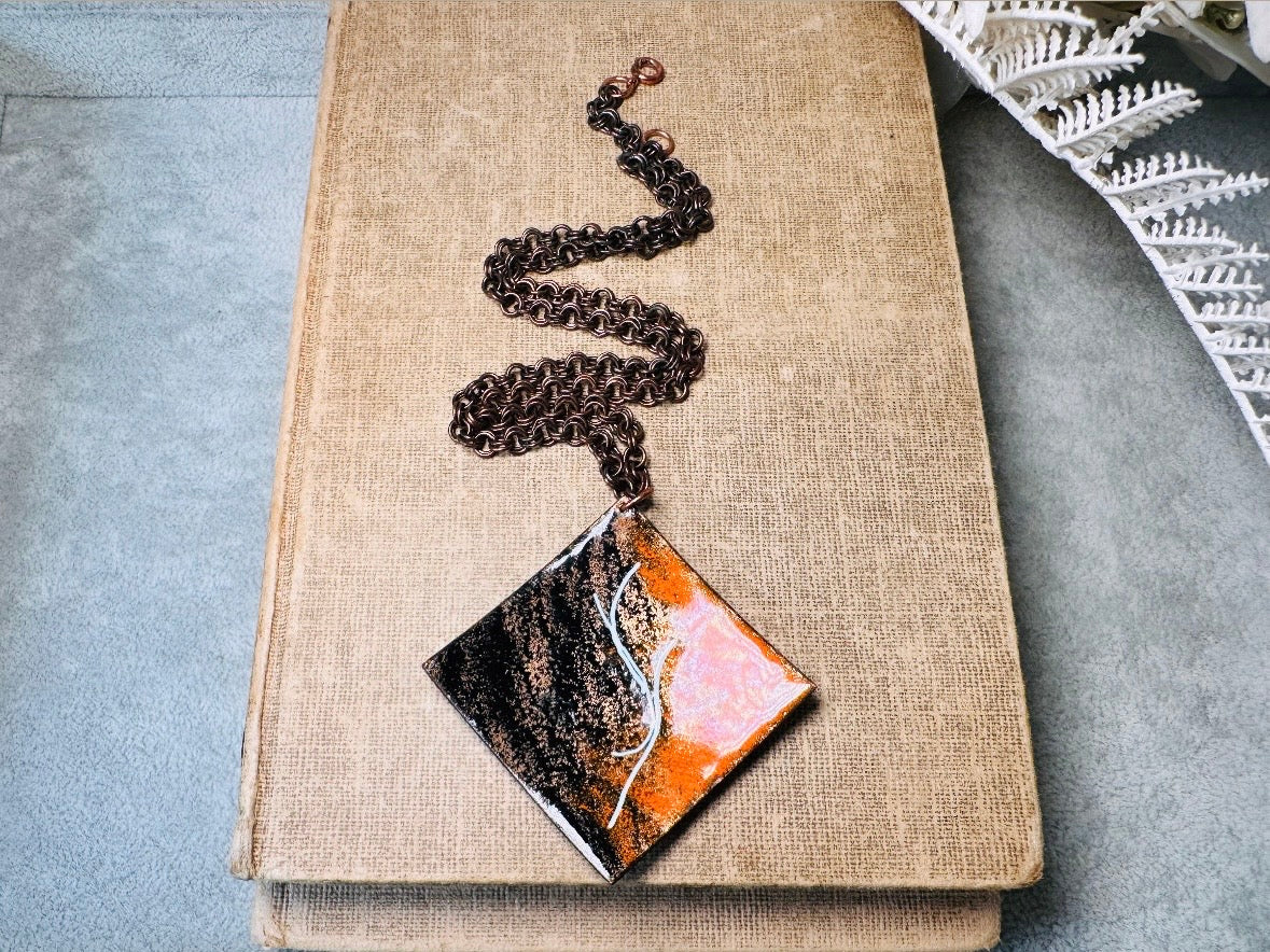 Vintage Pendant Necklace, Copper Artisan Necklace with Orange Black and White Enamel, 18" Chain Funky Abstract Retro Necklace