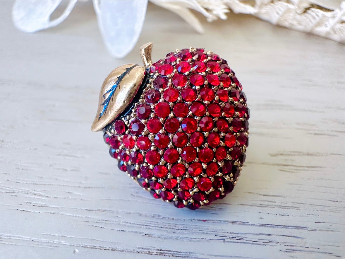 Monet Apple Brooch, Vintage Rhinestone Apple Pin, Designer Vintage Fruit Broach, Gold with Rhinestones