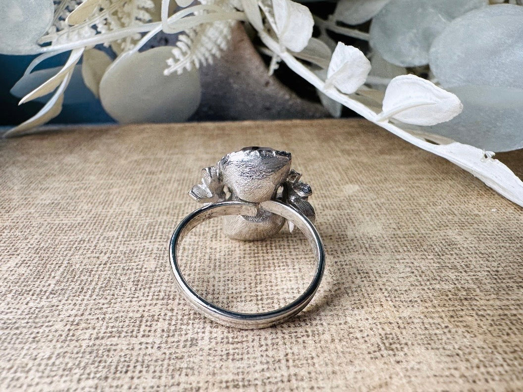 Vintage Heart Cocktail Ring, February Birthstone Purple Heart Ring, 1973 Amethyst and Silver Flowers Double Heart Love Story Sarah Coventry