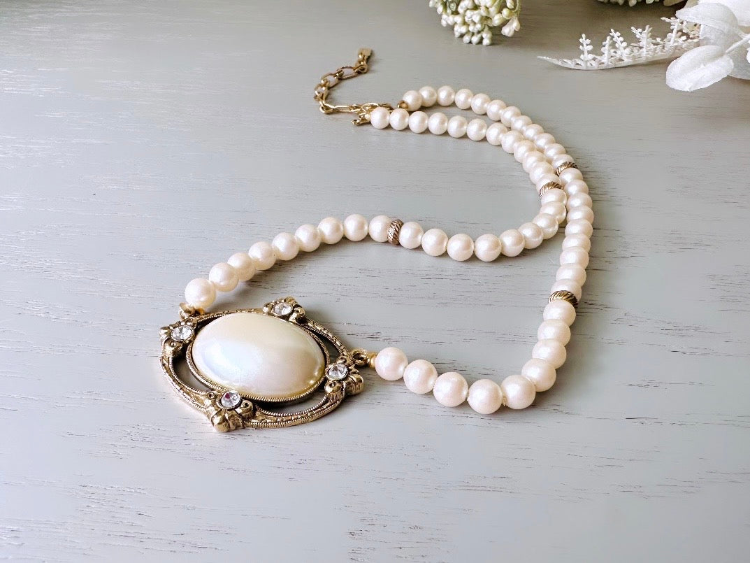 1928 Pearl Cameo Necklace, Oval Faux Pearl Openwork Pendant Necklace with Diamond Rhinestones, Victorian Revival Gold Pearl Beaded Necklace