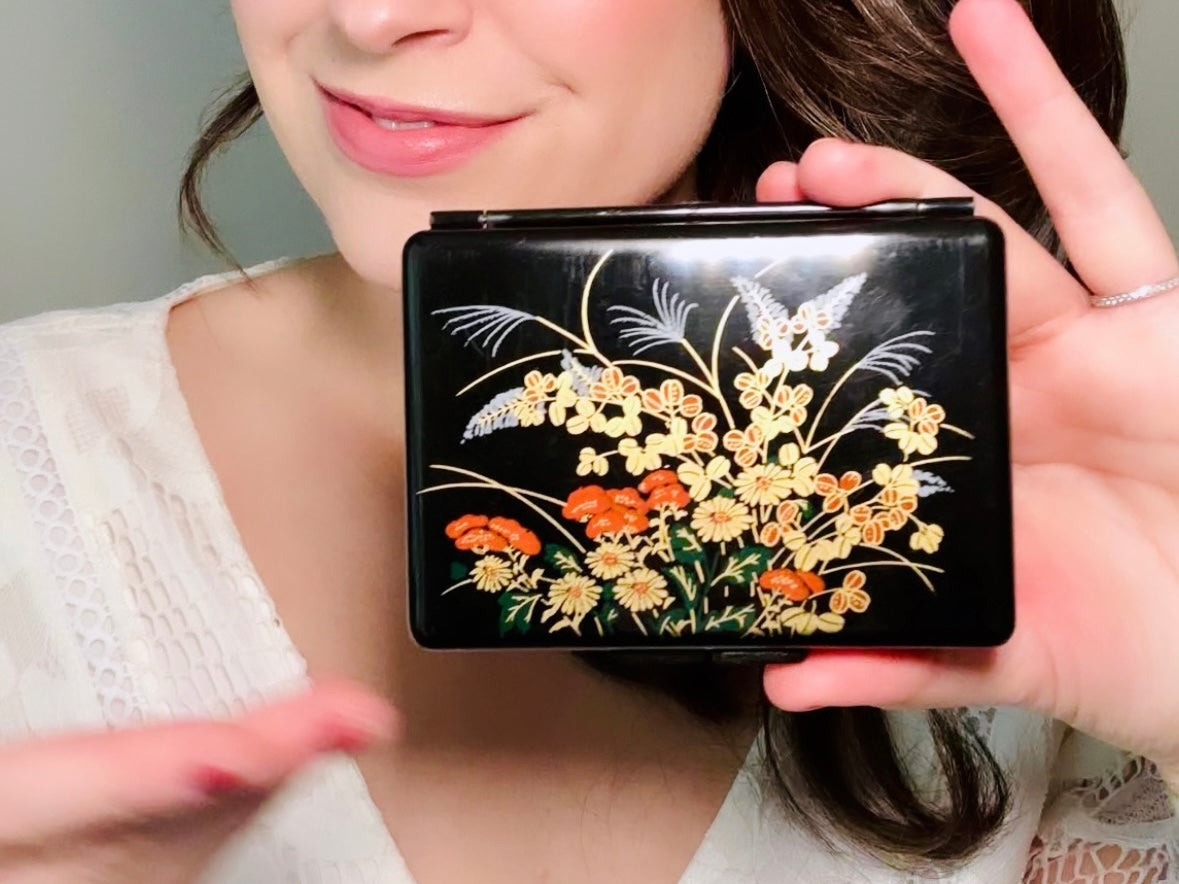 Vintage Jewelry Box, Mini Flower Travel Trinket Box, Black Laquer Plastic Floral Jewelry Box with Red Felt Dividers and Mirror, from 1984