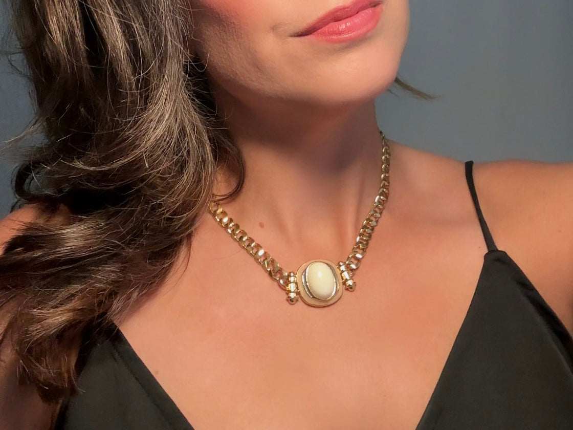 Vintage Trifari Chain Choker Necklace with Cream Cabochon Focal, 1970s Abstract Enamel and Chunky Gold Chain Geometric Necklace