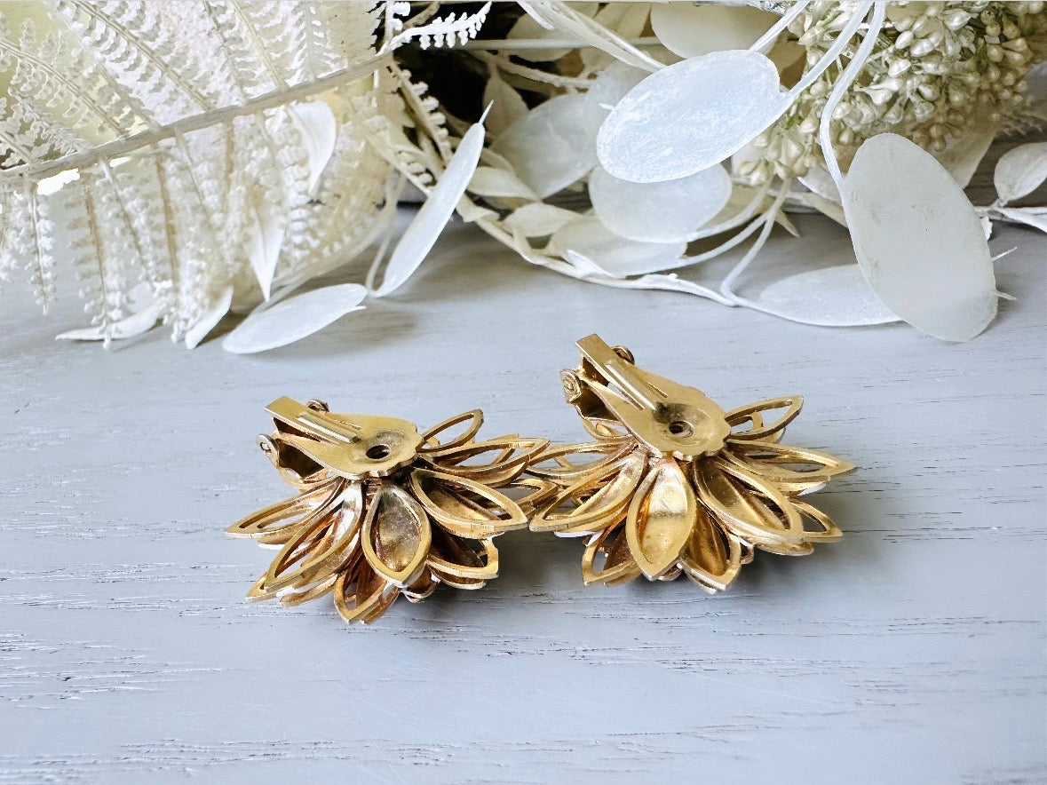 Vintage White Earrings, Floral White and Gold Clip On Earrings, Gorgeous Vintage 1960s Flower Earrings with Silver Glitter Rhinestone