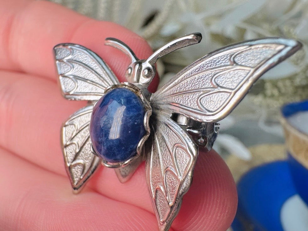 Butterfly Brooch Pin, Vintage Silver Butterfly Pin with Blue Stone Center, Vintage Brooch, Whimsical Bridal Brooch, Antique Silver Pin