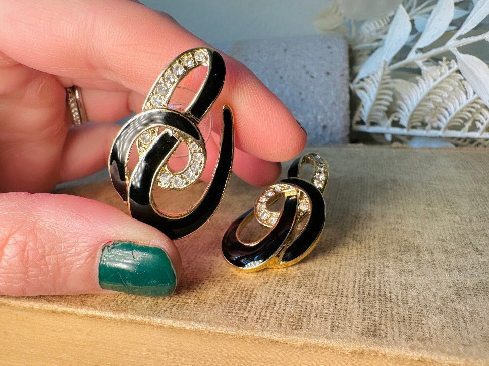 Vintage Trifari Earrings, Gorgeous Abstract Black Enamel and Rhinestone Earrings, Geometric Pierced Earrings, Deadstock Designer Vintage
