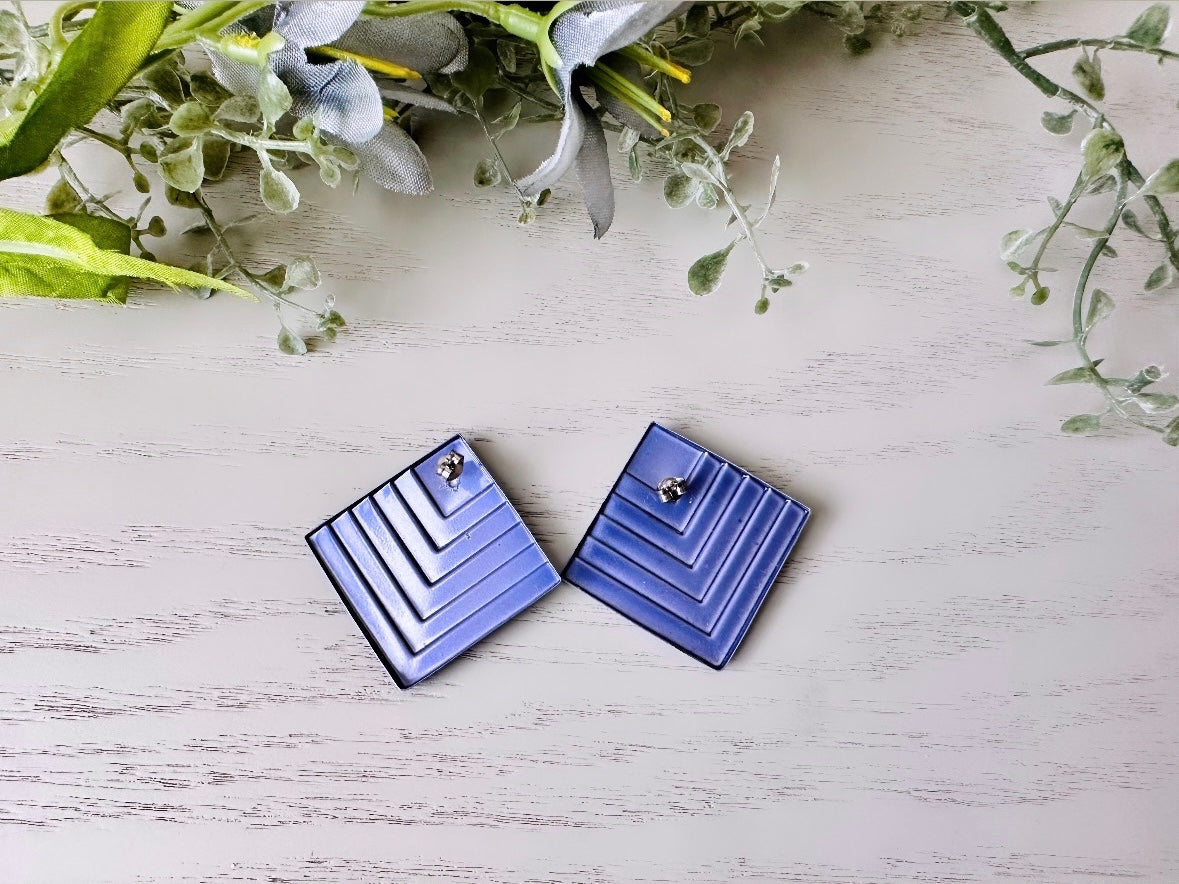 1980s Purple Earrings, Metallic Enamel Oversized Square Pierced Earrings, Fun 80s Vintage Earrings, Futuristic Tiered Big Geometric Studs