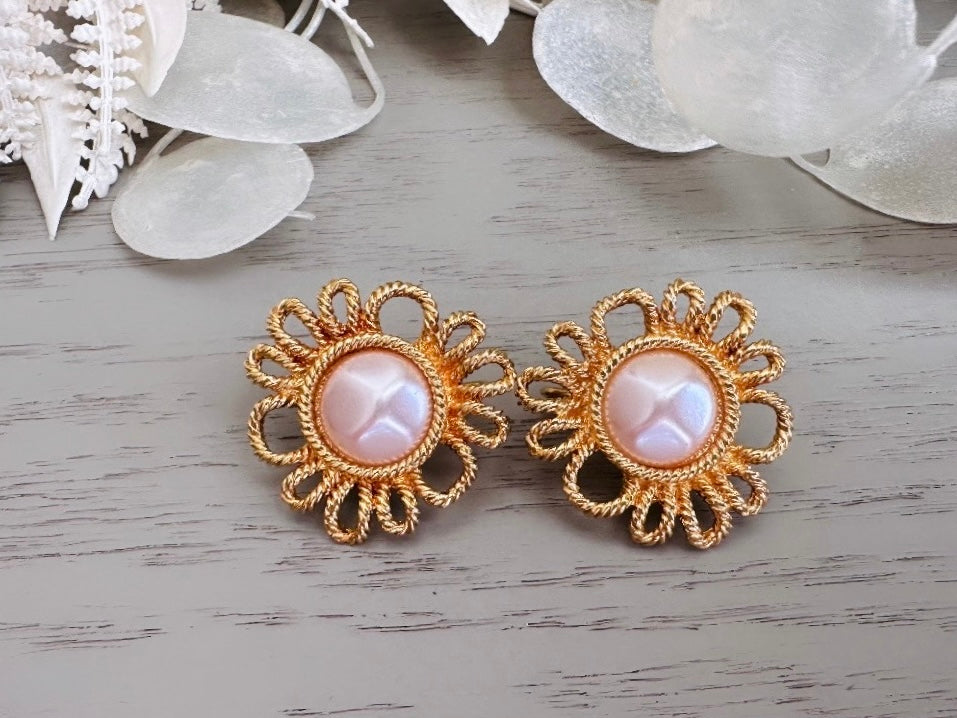 Vintage Blush Pearl Earrings, Gorgeous Pink Faux Pearl Cabochon & Burnished Gold Floral Clip On Earrings