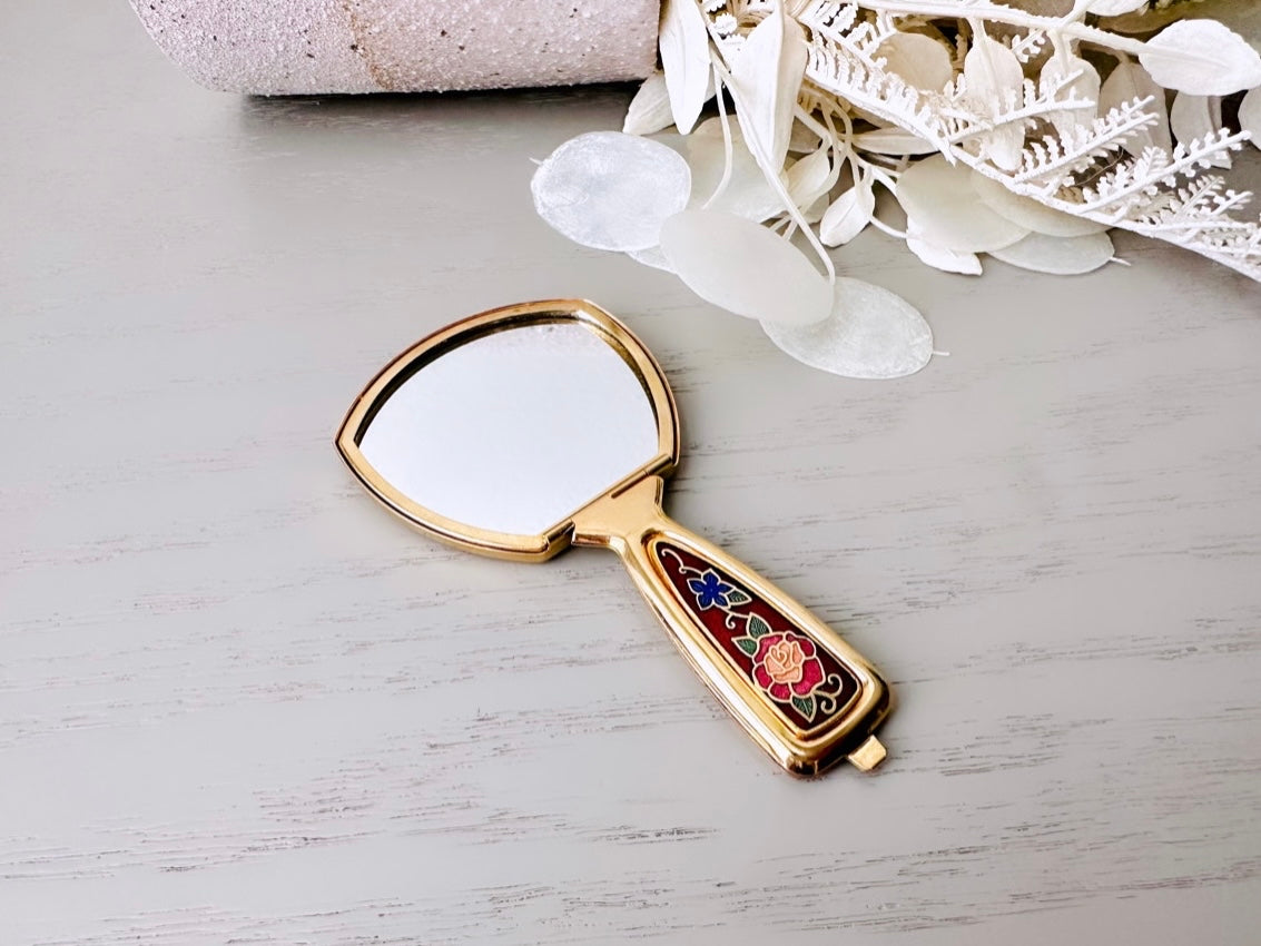 Vintage Cloissone Folding Flip Mirror, Deep Red Blue Gold Vintage 1970s Floral Hummingbird Pocket Mirror, Colorful Flower Mini Makeup Mirror