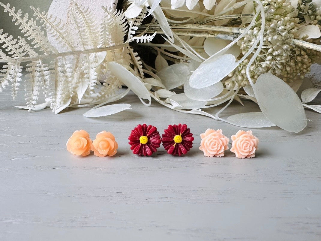 Flower Earrings Gift Set, Juicy Melon Rose, Deep Red Gerber Daisy, Summer Peach Rose, Cute Floral Hypoallergenic Post Earrings for Girls