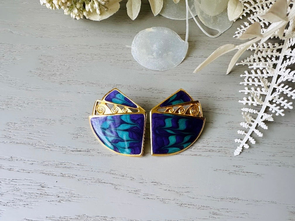 Vintage Purple Teal Gold Earrings, 1980s Pierced Post Earrings, Authentic Vintage Designer Berebi Earrings, Pearlized Enamel Geometric Lace