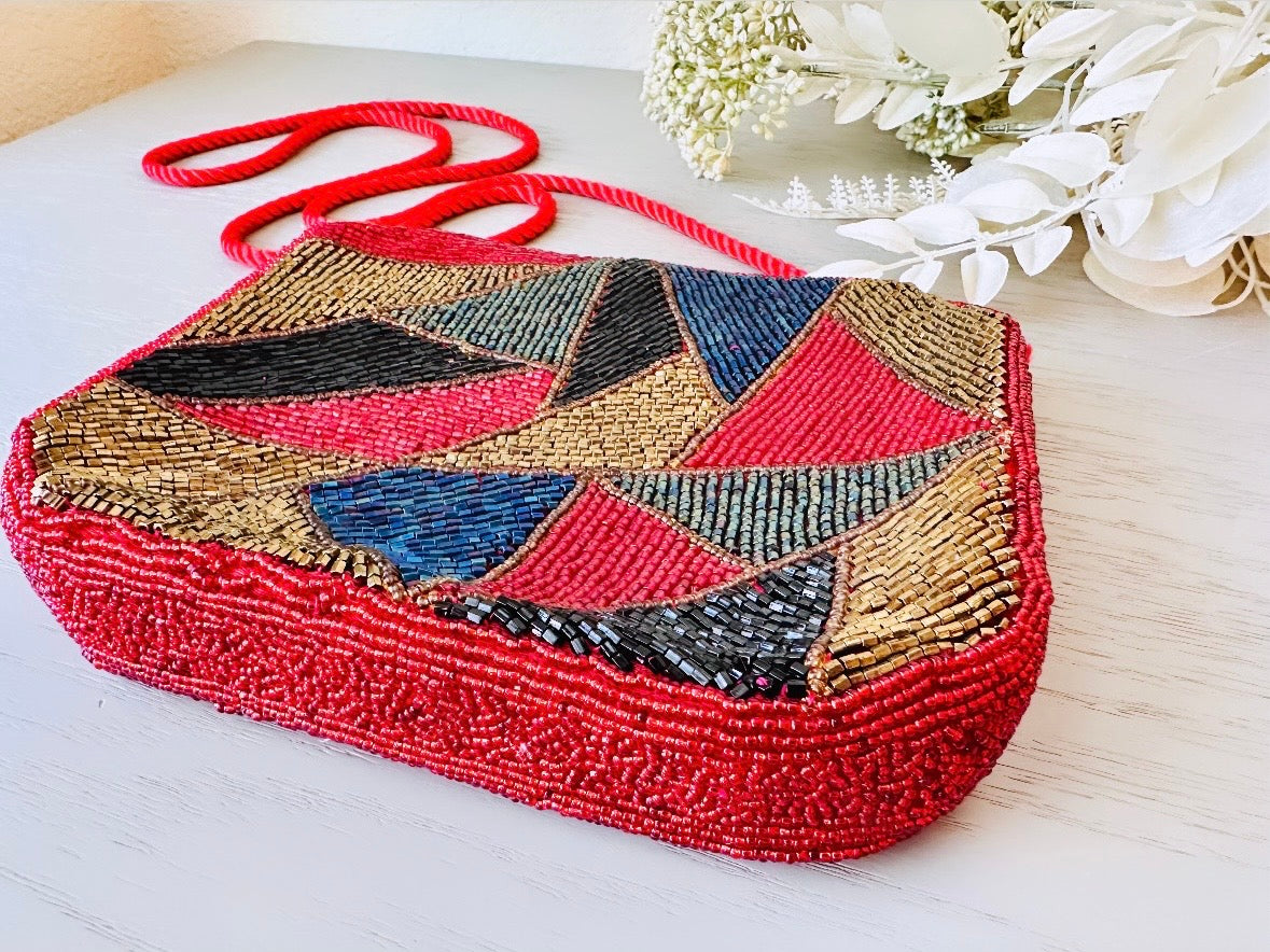 Red 1980s Vintage Beaded Handbag, Geometric Triangle Purse, Incredible 80s Hand Beaded Purse with Gold Black Blue and Peacock Green Accents